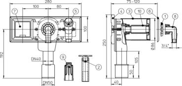 Waschgeräte-UP-Siphon DN40/50 mit integriertem Wasseranschluss, Auslaufhahn R 1/2" und UP-Elektrosteckdose - 280x100mm HL406E